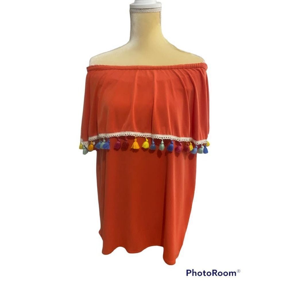 Judith March Mandarin Orange Pom Pom Off Shoulder Top Colorful - Size Medium